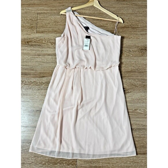 ADRIANNA PAPELL Embellished chiffon pink Blush color One-Shoulder SZ 14 - Picture 3 of 14